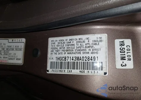 1991 Honda Accord Dx/Lx z USA, uszkodzony, nr VIN 1HGCB7143MA028491